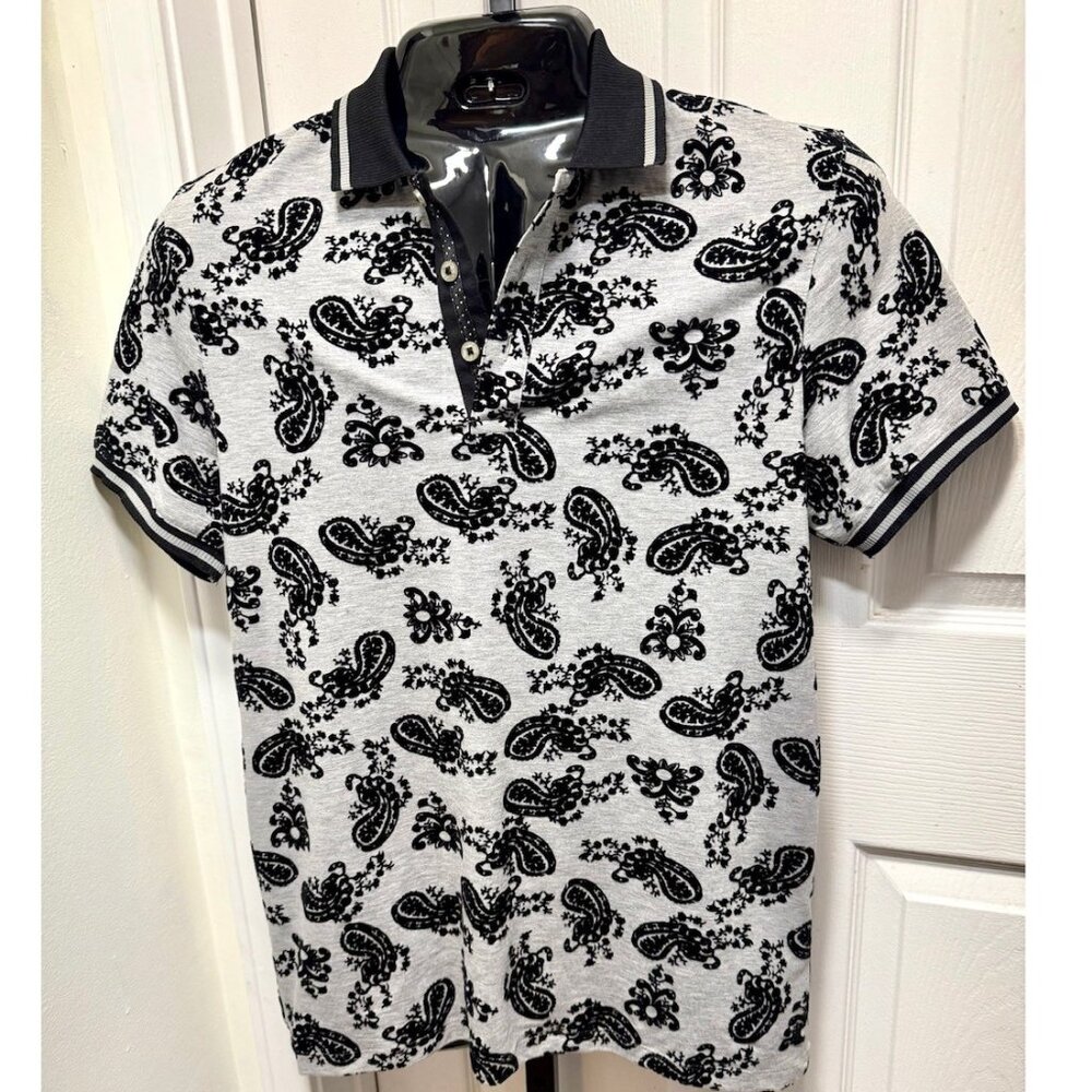 Eight X - Textured Paisley Black & Grey Polo- Large (BRAND NEW)